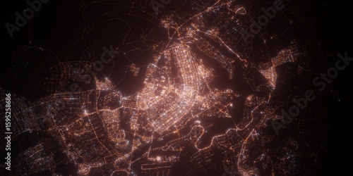 Brasilia (Brazil) night view with street lights. Aerial shot from space. top view heading north, 