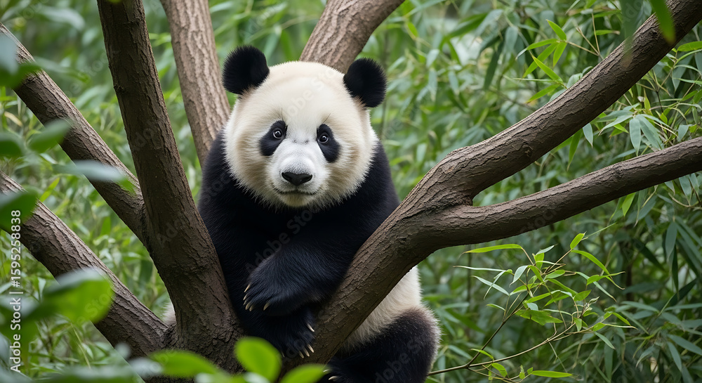 Obraz premium Adorable Giant Panda Eating Bamboo, Iconic and Endangered Bear, Wildlife in Chinese Mountains