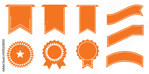 Set of orange vector ribbons, badges, and banners. Modern graphic elements including award seals for promotion, quality, label, and design.