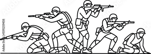 Vector line art illustration of military soldiers in action with guns ready for combat and war battle. Editable vector illustration.