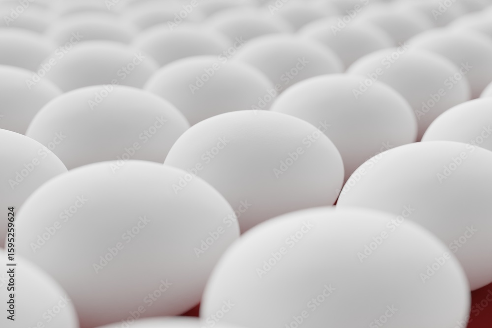 Many white eggs on maroon background. Closeup view, macro shot, selective focusclose up shot. 3d render, illustration Many white eggs on maroon background. Closeup view, macro shot, selective focusclose up shot. 3d render, illustration