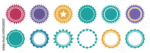 Set of Colorful Decorative Vector Round Badges. Modern graphic elements with star and jagged edges. Blank seals for labels, promotion, awards, quality, and event design projects.