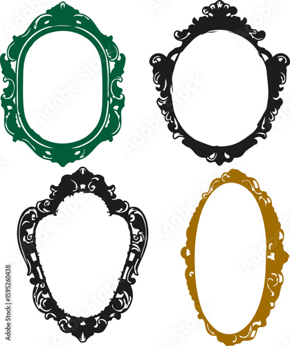 Ornate vintage mirror collection featuring elaborate decorative frames and reflective surfaces