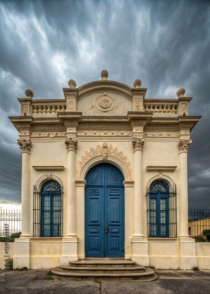 Obraz premium Historic Colonial House Facade with Blue Doors and Windows under Stormy Sky in Latin America