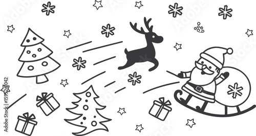 A fun cartoon vector illustration of a boy and girl skiing with Santa Claus, surrounded by festive Christmas elements and winter holiday designs