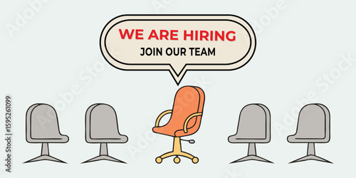 We Are Hiring vector illustration concept. Empty office chair with a "Join Our Team" speech bubble. Symbol of job vacancy, recruitment process, and finding new talent for business.