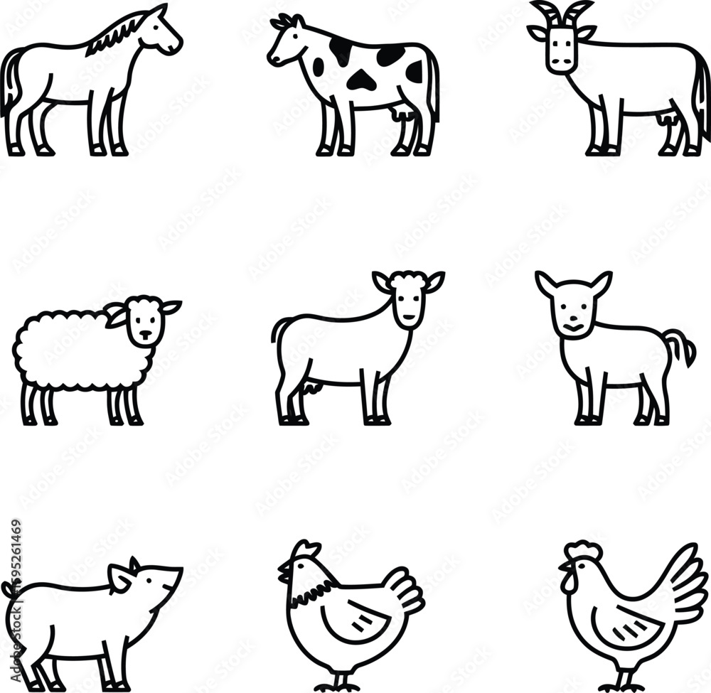 Cute farm animal line icons, perfect for agricultural designs. Cute farm animal line icons, perfect for agricultural designs.