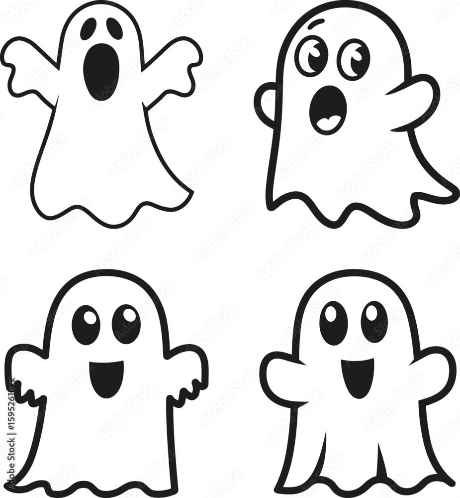 Obraz premium Cute cartoon ghost set, hand drawn doodle style Halloween ghost characters, funny spooky ghost illustration, black and white vector clipart for kids, party, decoration, sticker, print