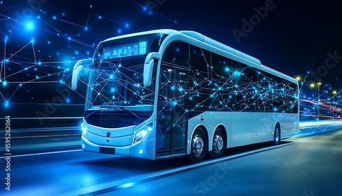 White futuristic bus moves swiftly along the neon lighted highway at night creating a dynamic visual
