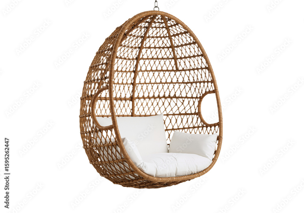 Fototapeta premium Modern Hanging Wicker Swing Chair with White Cushions on White Background