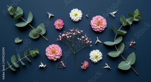 Floral Arrangement with Pink and White Flowers on Dark Blue Background