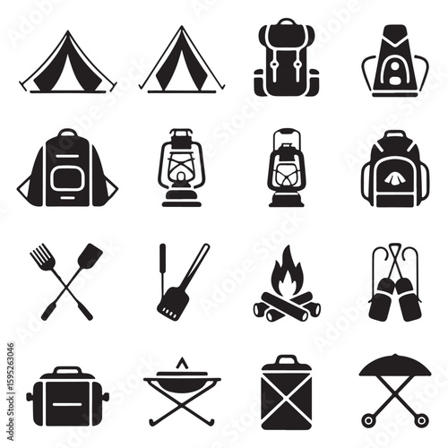 Camping and hiking icon set outdoor adventure symbols