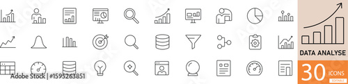 A clean black line icon set with 30 data analysis icons. Ideal for dashboards, reports, infographics, and analytics tools