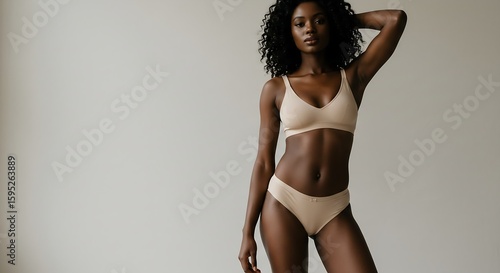 Slim Black woman beige underwear confident pose studio soft natural light neutral backdrop sensual fashion confidence generative ai