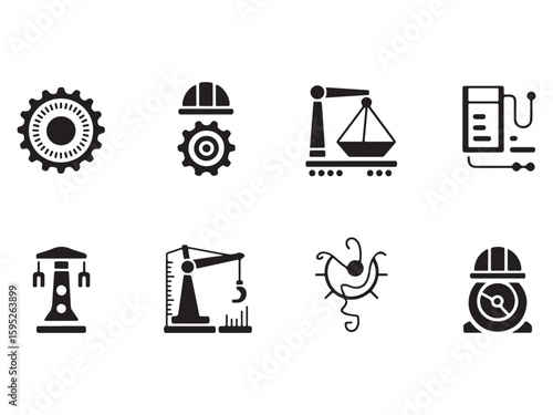 Black vector icons of industrial construction, oil, gas, and energy symbols
