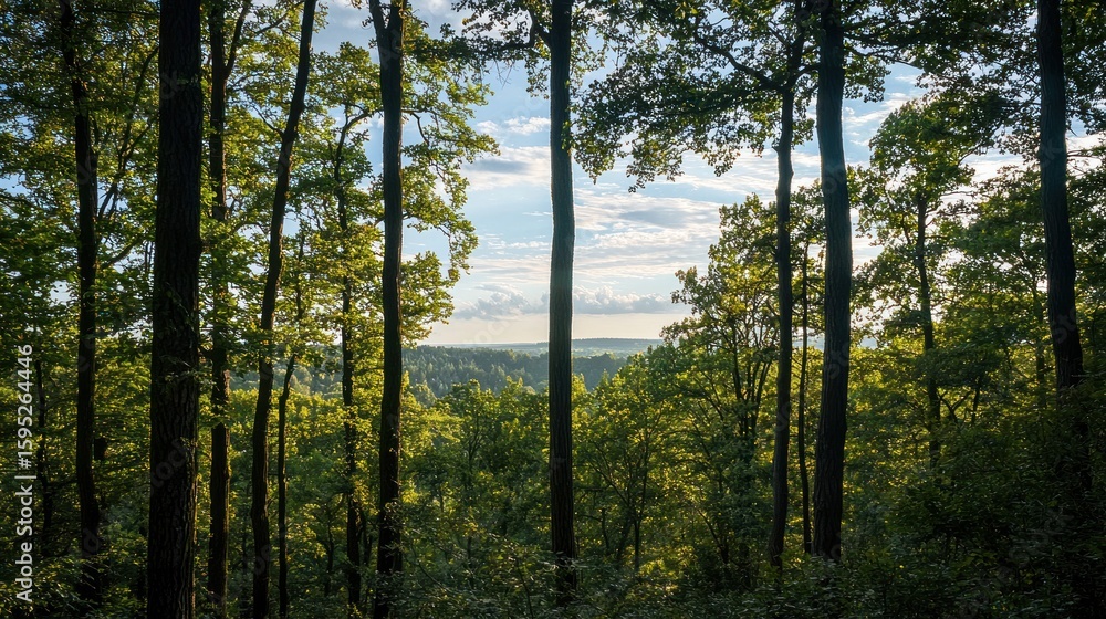 Fototapeta premium A serene forest landscape with tall trees and a clear blue sky, featuring a variety of green and brown hues, with a small body of water in the background.