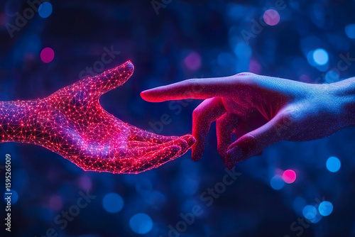 Hands connected through digital elements symbolize AI role in creativity