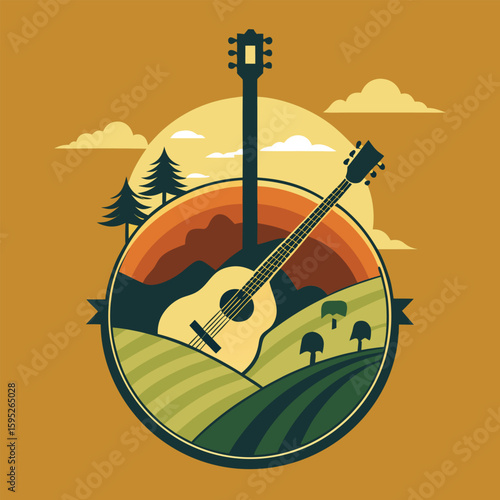 "Silhouette of banjo with country landscape, folk music poster theme"
