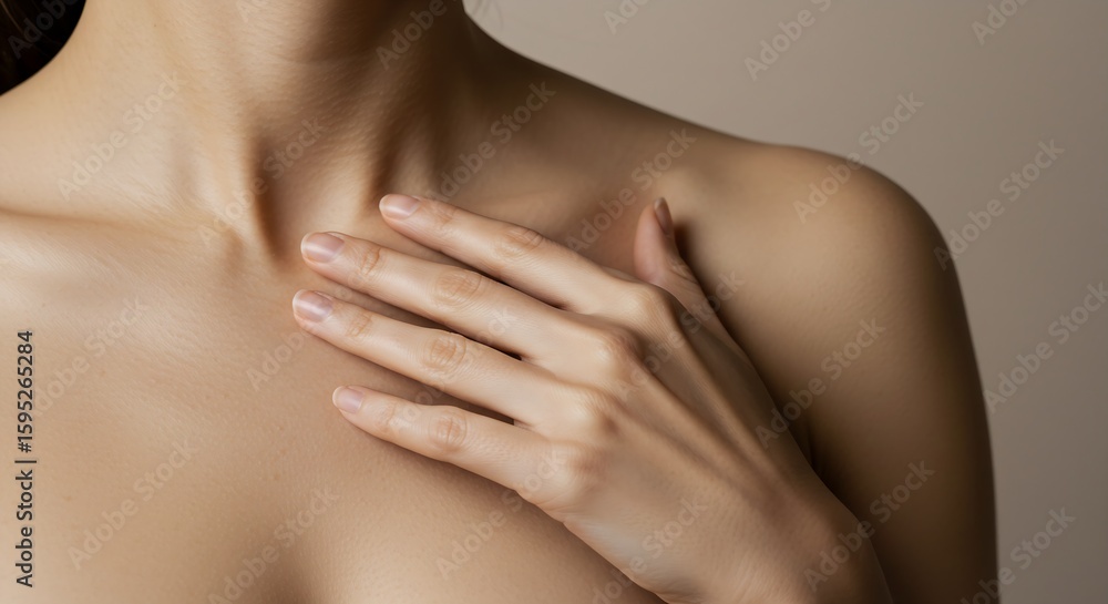 Fototapeta premium Close-up hands gently touching collarbone soft depth of field sharp focus skin texture neutral background emotional sensual beauty skincare campaigns generative ai