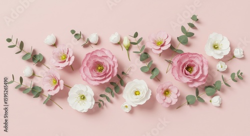 Floral Arrangement with Pink and White Flowers on Light Pink Background