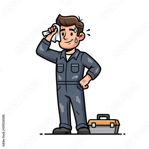 Cartoon illustration of a mechanic wiping sweat from his brow, standing next to a toolbox.