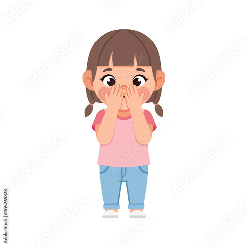 Cartoon illustration of a young girl with brown hair covering her mouth with both hands, wearing a pink shirt and blue jeans.