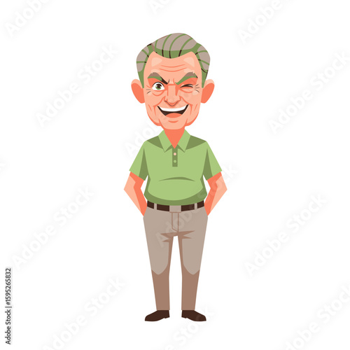 Cartoon illustration of an elderly man with gray hair, winking and smiling with hands in pockets, wearing a green shirt and tan pants.