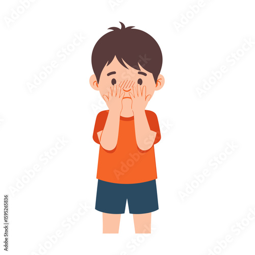 Cartoon illustration of a young boy covering his face with his hands, expressing sadness or embarrassment.