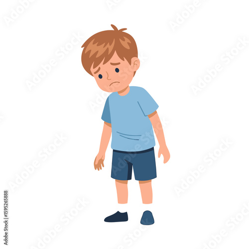 Cartoon illustration of a sad young boy with brown hair, wearing a blue shirt and shorts, looking down with a dejected expression.