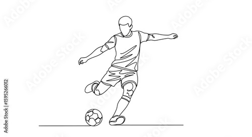 Soccer Player in Action: A dynamic line drawing captures a soccer player mid-kick, showcasing athletic skill and the essence of movement and competition.