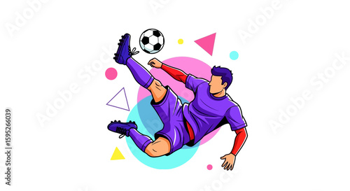 Soccer Player Kicking Ball in Geometric Graphic: An action-packed illustration of a soccer player mid-kick with a black and white soccer ball, set against a vibrant geometric backdrop