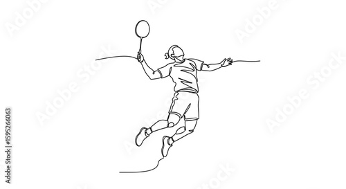 Dynamic Badminton Action: A single, continuous line drawing captures the energy and athleticism of a badminton player in mid-air, poised to strike the shuttlecock with precision.
