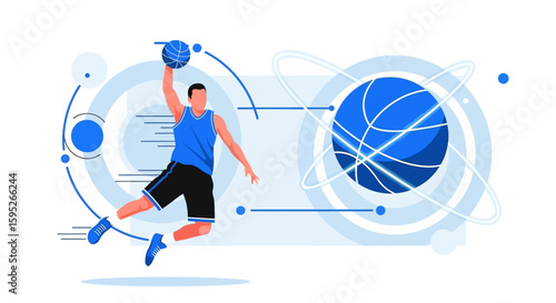 Slam Dunk Illustration: A dynamic illustration captures a basketball player mid-air, executing a slam dunk with energy and focus, enhanced with stylized graphics and a modern aesthetic.