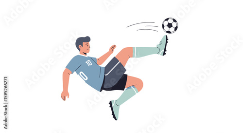 Aerial Football Strike: An illustrated figure in dynamic mid-air action, powerfully kicking a soccer ball, symbolizing sports, competition, and athletic prowess.