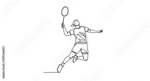 Line Art Badminton Player: A dynamic illustration of a badminton player mid-action, their form captured in a continuous line, highlighting the grace and power of the sport.