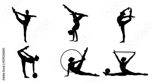 Artistic Gymnastic Moments: Silhouetted figures showcase artistic gymnastics in motion, a rhythmic and dynamic study of human form. Emphasizing grace, agility, and discipline