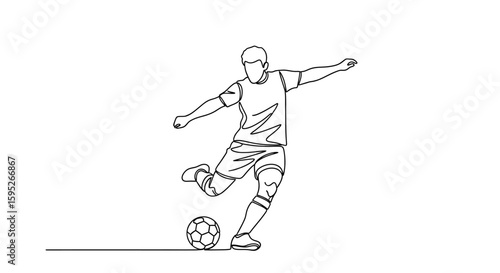Soccer Player's Precision: An artistic line drawing captures the dynamic action of a soccer player mid-kick, embodying skill, determination, and the thrill of the game.