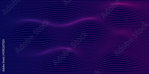Vector smooth waves on dark background. Futuristic technology design backdrop with purple and blue gradient transition.