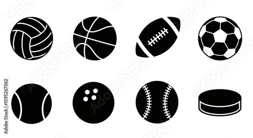 Sports Ball Assortment: An assortment of sports balls, each intricately designed, showcases the dynamic world of athletic competition. These icons represent a diverse range of games. 