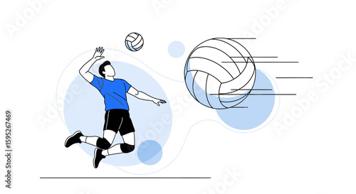Volleyball Action: An energetic volleyball player executing a powerful spike, demonstrating the dynamics of the sport in a sleek, modern illustration, portraying motion and competition.