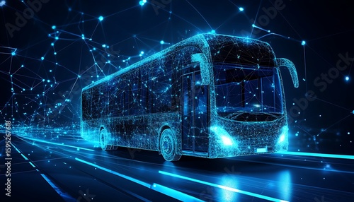 Wallpaper Mural Blue glowing interconnected network forms a bus traveling on a futuristic neon road Torontodigital.ca