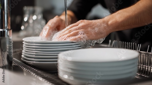 Closeup hands washing dishes