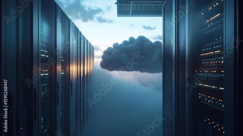 Data servers connect to the cloud, with a view of the sky and cloud between them