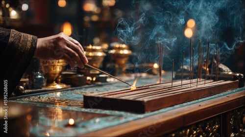 A hand lights incense sticks in a temple