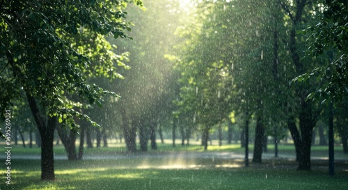 Rain Falling in Park with Green Trees and Sunlit Meadow