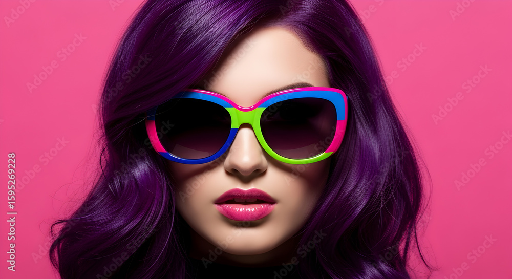 Vibrant Purple Hair and Colorful Sunglasses on Pink Vibrant Purple Hair and Colorful Sunglasses on Pink
