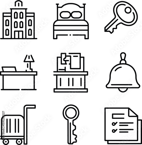 Vector illustration of hotel and accommodation icons in a simple line style.
