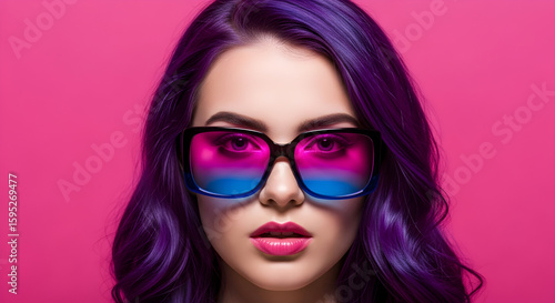 Wallpaper Mural Woman with Purple Hair and Vibrant Sunglasses on Pink Torontodigital.ca