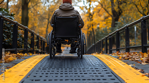 Person in Wheelchair on Accessible Ramp in Autumn Park