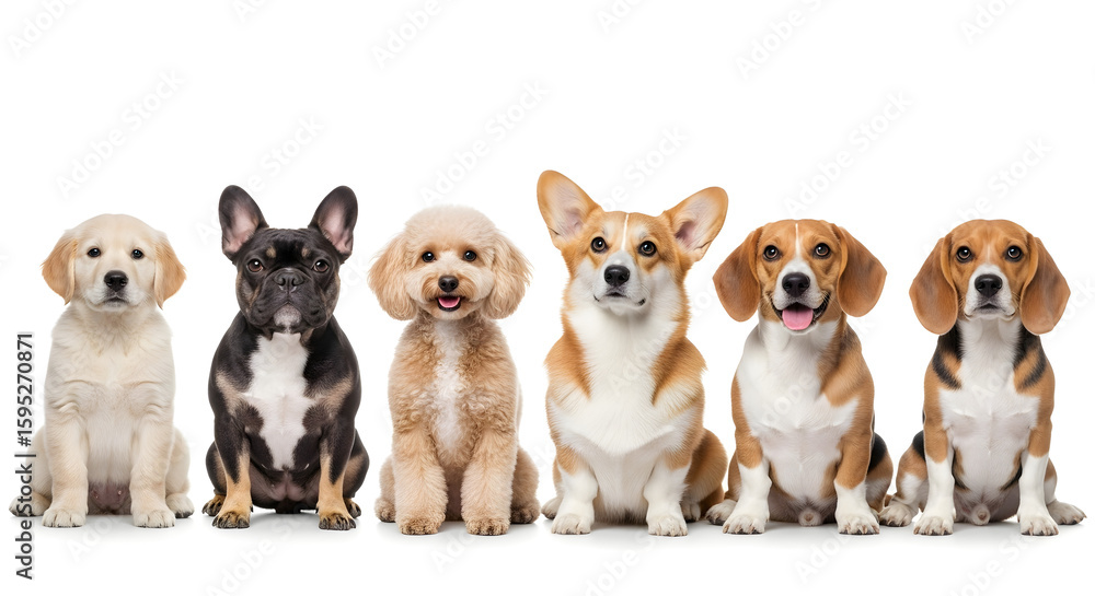 Fototapeta premium Adorable Puppy Lineup: Golden Retriever, French Bulldog, Poodle, Corgi, and Beagles on White